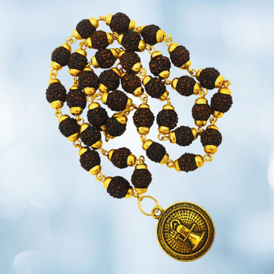 Banke Collection Most Demanded Bhagwan Shiv Dotted Locket Pendant With 5 Mukhi Rudraksha Mala Gold-plated Beads Brass, Wood Pendant Set