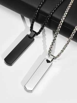 RAPPERSSHOP Bar Pendant Stainless Steel Locket Set with Box Chain for Men & Boys Rhodium Stainless Steel Pendant Set