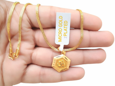 SAPNAPALACE HEXA SHAPED GOLD OM WITH CHAIN Gold-plated Brass Pendant Set