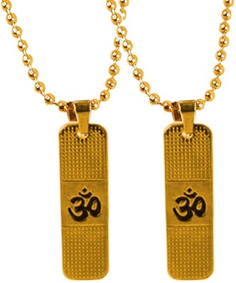 BigWheels (2 Pcs) Golden Flat Bar God Lord Shiva Mahakaal Om Chand Pendant Locket Necklace Stainless Steel