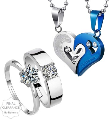 Shiv Jagdamba Valentine Day Gift Heart Shape Couple Pendant With Chain Cubic Zirconia Stainless Steel Pendant Set