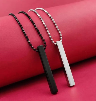 vs unique collections Stylish Silver- Black 3D Vertical Bar Cuboid Stick Locket Pendant Necklace Black Silver Stainless Steel Locket Set
