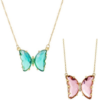 AVR JEWELS Combo Of 2 Trendy Gold Plated Pink and Blue Crystal Butterfly Pendent Gold-plated Crystal Alloy Pendant