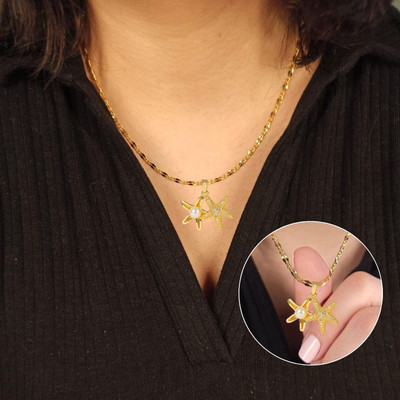 AMRHA Elegant Cubic Zirconia Stones Star Openable Pearl Necklace Gold-plated Stainless Steel Pendant Set