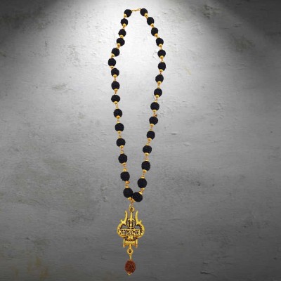 LOTUS Store Natural 5 Face Rudraksha Mala with Mahakaal Locket Gold-plated Beads Brass, Wood Pendant Set