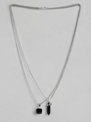 Harsh Enterprises Unisex Set of 2 Artificial Stone Square & Bottle Pendant Necklace With Chain Rhodium Stainless Steel Locket