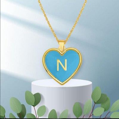 Kanak Jewels Gold Heart Pendant Necklace Blue Enamel with 'N' Initial And Unique Style Gold-plated Brass Pendant