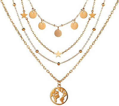 Vembley Golden Multi Layered Star and World Pendant Necklace Gold-plated Alloy