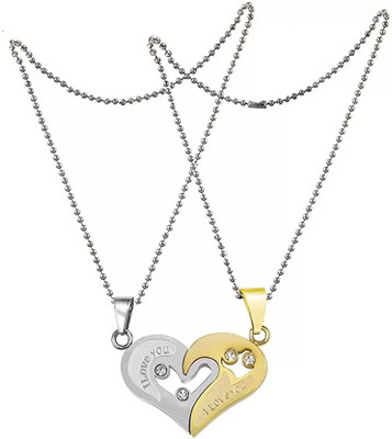 P. R. PRINTS Love Heart 2 Piece Joining Pendants Necklace Chain For Girls and Boys / Unisex Stainless Steel Pendant Set