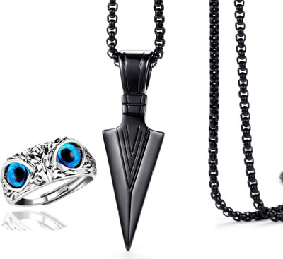 Whitechimes Black Arrow Pendant & Owl Ring for Men and Boys, Stainless Steel Chain Set Black Silver, Rhodium Agate Stainless Steel Pendant Set