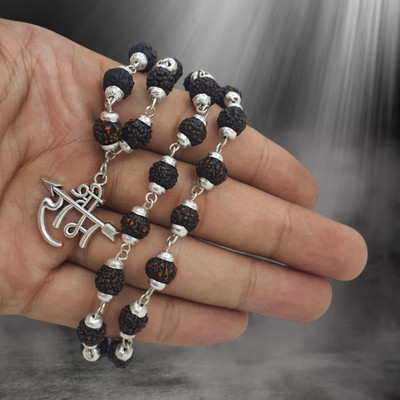 Nirvana Mukhi Natural 5 Face Rudraksha Mala with Ram Lala Locket Silver Beads Brass, Wood Locket