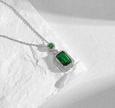 VESTURE KNOT American Diamond Green Square/Rectangle & Round Pendant/Locket In Silver Chain Silver Cubic Zirconia Silver Locket