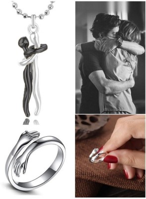 De-Ultimate X000004 Couple Hugging Hand Hug Me Thumb Finger Ring And Locket Pendant Necklace Stainless Steel Pendant