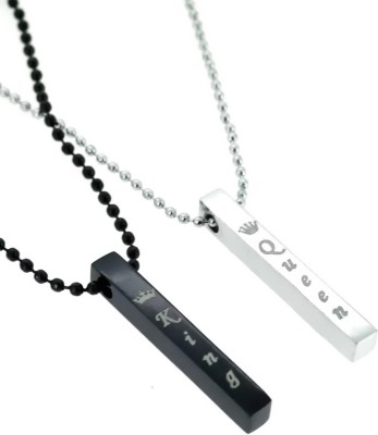 P. R. PRINTS Stylish Silver- Black 3D Vertical Bar King Queen Stick Locket Pendant Necklace Sterling Silver Alloy Locket Set
