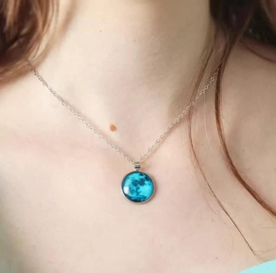 Whitechimes Glow In The Dark Rising Moon Glass Dome Lunar Alloy Eclipse Necklace Pendant Silver Stainless Steel Locket Set