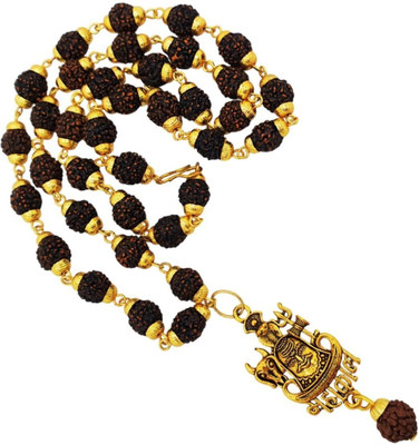 AllenDazzy Most Beautiful Shiv Trishul OM Dotted Locket Pendant With 5 Mukhi Rudraksha Mala Gold-plated Beads Brass, Wood Locket