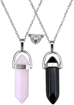 Murliwala Heart Magnetic Hexagonal Glass Crystal Point Pencil Couple Locket Pendant Silver Stainless Steel Locket Set