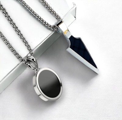 R Art Geometric Square & Arrow Black Stone Pendant for Men Silver Stainless Steel Pendant