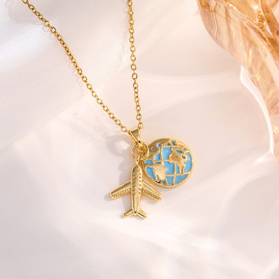MYKI Gold-Plated Globe and Airplane Pendant Necklace Gold-plated Stainless Steel Pendant