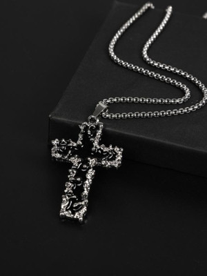 RAPPERSSHOP Gothic Black Flame Cross Pendant Locket With Chain Sterling Silver Stainless Steel Pendant Set