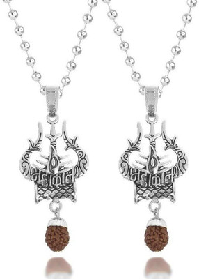 house of common Set Of 2 Silver Eye Damru Shiva Trishul Mahadev Mahakal Locket Pendant Necklace Silver Stainless Steel Pendant Set