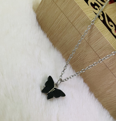 vs unique collections Black Valentine's Day Butterfly Charm Locket Pendant Necklace Clavicle Chain Silver Stainless Steel Pendant Set