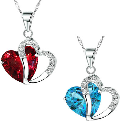 mahi Combo of Red and Blue Heart Pendant with chain Rhodium Crystal Alloy Pendant Set