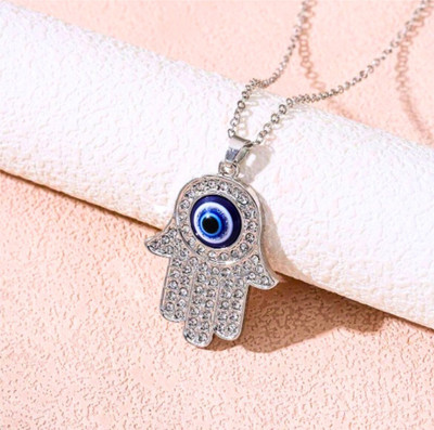 Style Wind Hamsa Hand With Evil Eye Silver Zircon Alloy Pendant