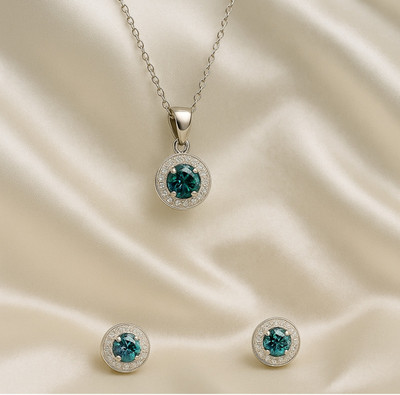 Zarkan Zarkan 925 Hallmark Blue Delight Dot Silver Jewelry Set Rhodium Cubic Zirconia Sterling Silver Pendant Set