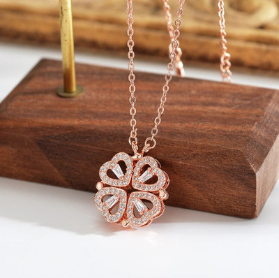 alinora jewels Alinora Jewels Diamond-Studded Four-Leaf Clover Heart Pendant Necklace Stainless Steel Locket Set