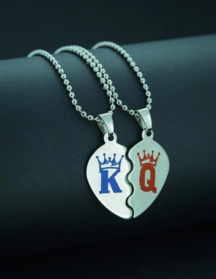 Sharvil King Queen Couple Valentine Heart Shape Pendant Locket Chain For Women & Men Rhodium Alloy, Stainless Steel Pendant Set