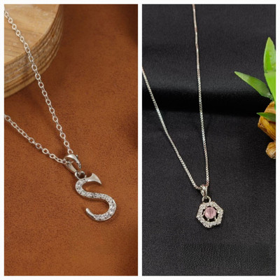 TRP Combo- 1st Sparkling Initial 'S' Pendant and 2nd Elegant Hexagon Pendant Silver Diamond Alloy Pendant Set