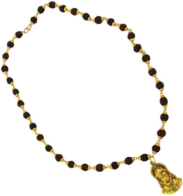 JagatguruShop Brown 5 Mukhi Rudraksha Mala in Golden Designer Caps (7 mm) - Natural Rudraksha Gold-plated Beads Brass, Wood Locket Set