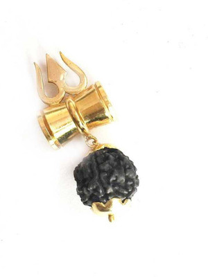 Malas Collection Shiv Shakti Kavach - Rudraksha Trishul Damru Gold-plated Wood, Brass Pendant
