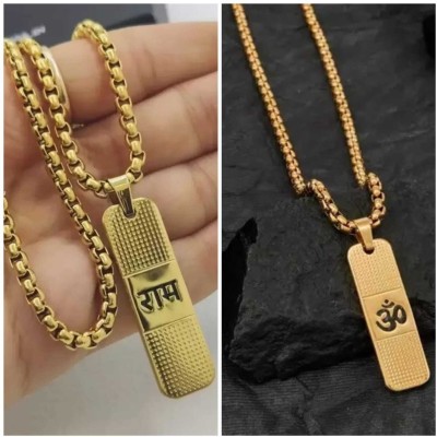 Pamadhya Om Pendant for Men and Women, Om & Ram Locket for Boy & Girl (2 Sided Locket) Gold-plated Alloy Pendant Set