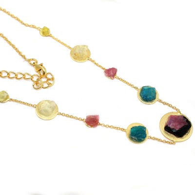 G-Vogue Fashion Necklace Natural Raw Nugget Stone Apatite Pink Sapphire Aquamarine Gold-plated Brass Pendant