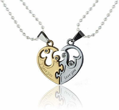 Whitechimes Gold-Silver Broken Two Half Heart Shape Love Pendant Locket Necklace Chain Crystal Stainless Steel Locket Set