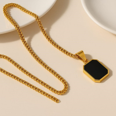 Pearl Handicraft Elegant Gold-Plated Black Stone Pendant Necklace for Men & Women Gold-plated Alloy Locket