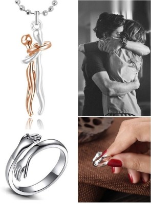 De-Ultimate X000002 Couple Hugging Hand Hug Me Thumb Finger Ring And Locket Pendant Necklace Stainless Steel Pendant