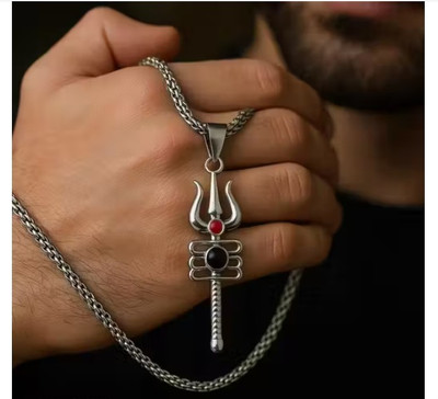 Rajwanti Collection Mahadev Trishul Locket for Men | Shiv Bhakt Men Locket | Silver Locket For Boys Silver Cubic Zirconia Stainless Steel Locket