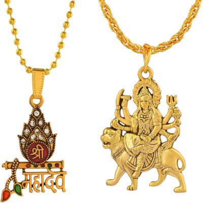 Morvi Gold Plated CZ Lord Mahadev Bholenath with Durga Sherawali Mata ji Pendant Gold-plated Cubic Zirconia Brass Pendant