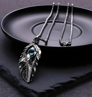 RAPPERSSHOP Blue Evil EYe Feather Alloy Pendant with Stainless Steel Box Chain for Men Silver Zircon Alloy Locket Set