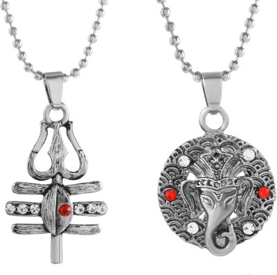 RN Silver Plated Brass CZ, Lord Shiv Trishul and Ganesha, Ganpati Pendant for Men Silver Cubic Zirconia Brass Pendant