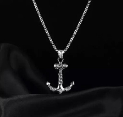 Agarwalproduct Ship Rope Anchor Hook Fancy Black Pendant And Silver Chain For Men Rhodium Alloy Pendant Set