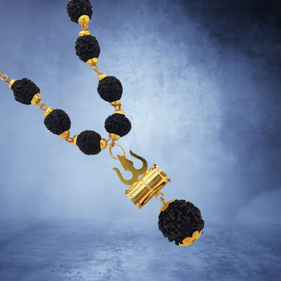 Haven gemsstone Natural Rudraksha Mala in Silver Polished Caps, 5 Face Rudraksha Necklace Gold-plated Beads Brass, Wood Locket Set