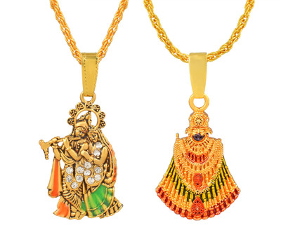 Morvi Gold Plated CZ Multi Lord Radha Krishna, Baba Jai Shree Shyam Combo Pendant Gold-plated Cubic Zirconia Brass Pendant
