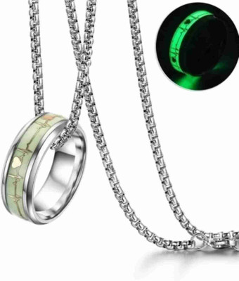 house of common Stylish Radium Ring Pendant Chain For Men And Women Rhodium Moonstone Stainless Steel Pendant Set