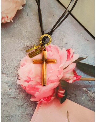 M Men Style Religious Lord Jesus Christ Cross Pendant Necklace Rhodium Metal, Leather Pendant