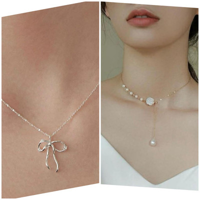 Aviman Creations SKU-ROSE AND BOWS CHAIN PENDANT COMBO SETS Gold-plated, Silver Brass Pendant Set