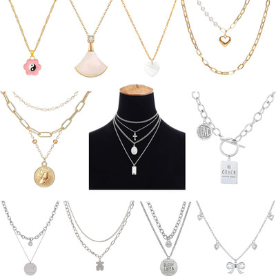 Anna Stella 10Pcs Golden & Silver plated Multi Shape Traditional Pendant & Necklace Metal Chain